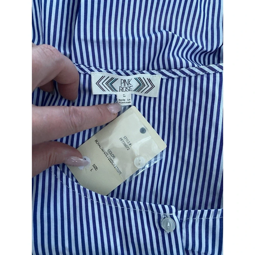 New Pink Rose Women's L Blue Striped Cotton Short Sleeve Blouse with Bow‎ Tie
